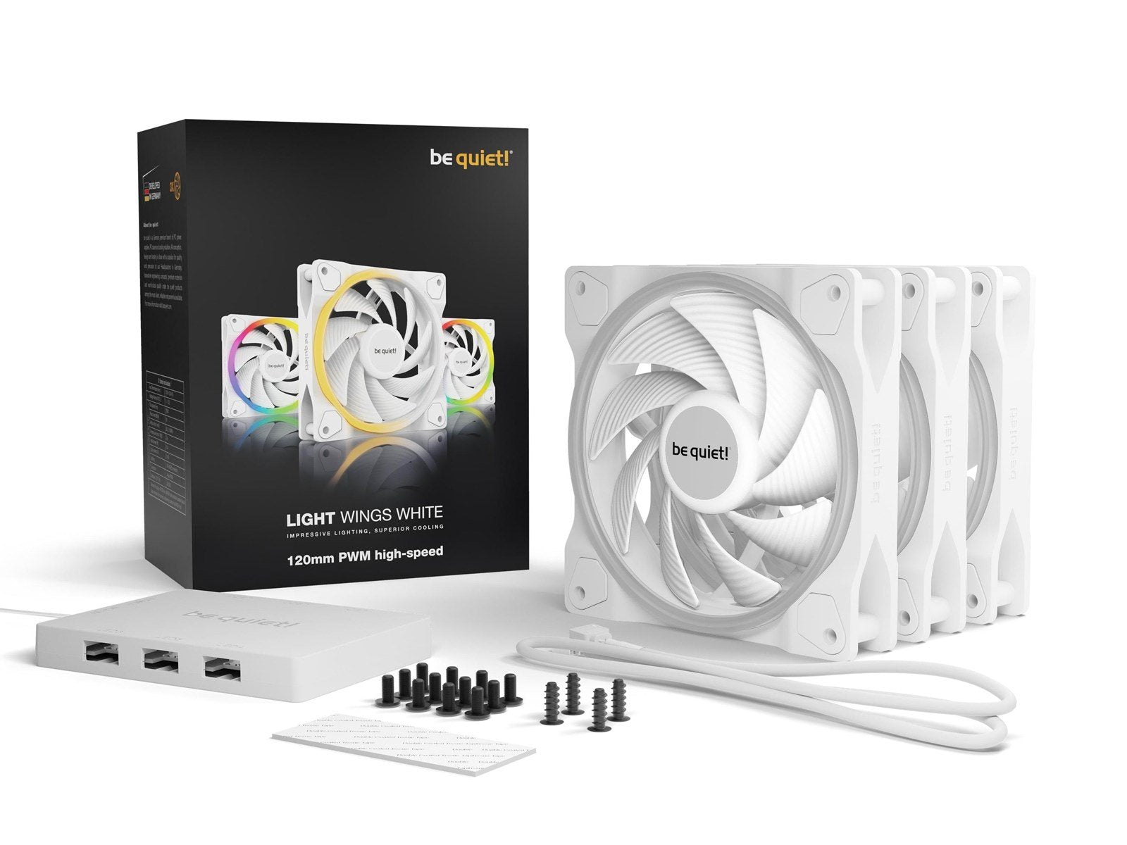be quiet! LIGHT WINGS 120mm PWM high-speed Triple-Pack - Gehäuselüfter - 120mm - Weiß mit RGB-Beleuchtung - 31 dBA