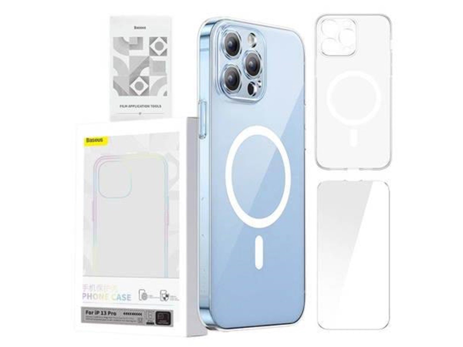 Baseus Magnetic Crystal Clear for iPhone 13 Pro (transparent) with all-tempered-glass screen protector and cleaning kit