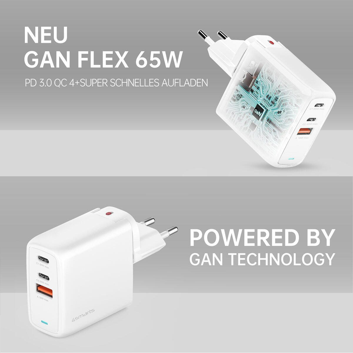 4smarts Ladegerät GaN Flex 65W 2 USB-C+1 USB-A weiß