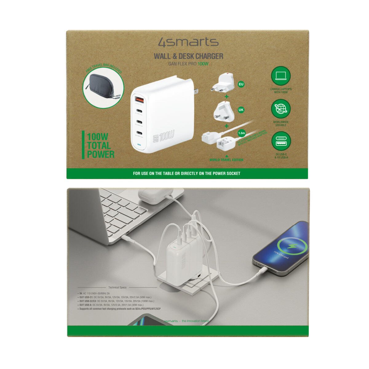4smarts Ladegerät GaN Flex Pro 100W 3 USB-C+1 USB-A, weiß, Travel Edition