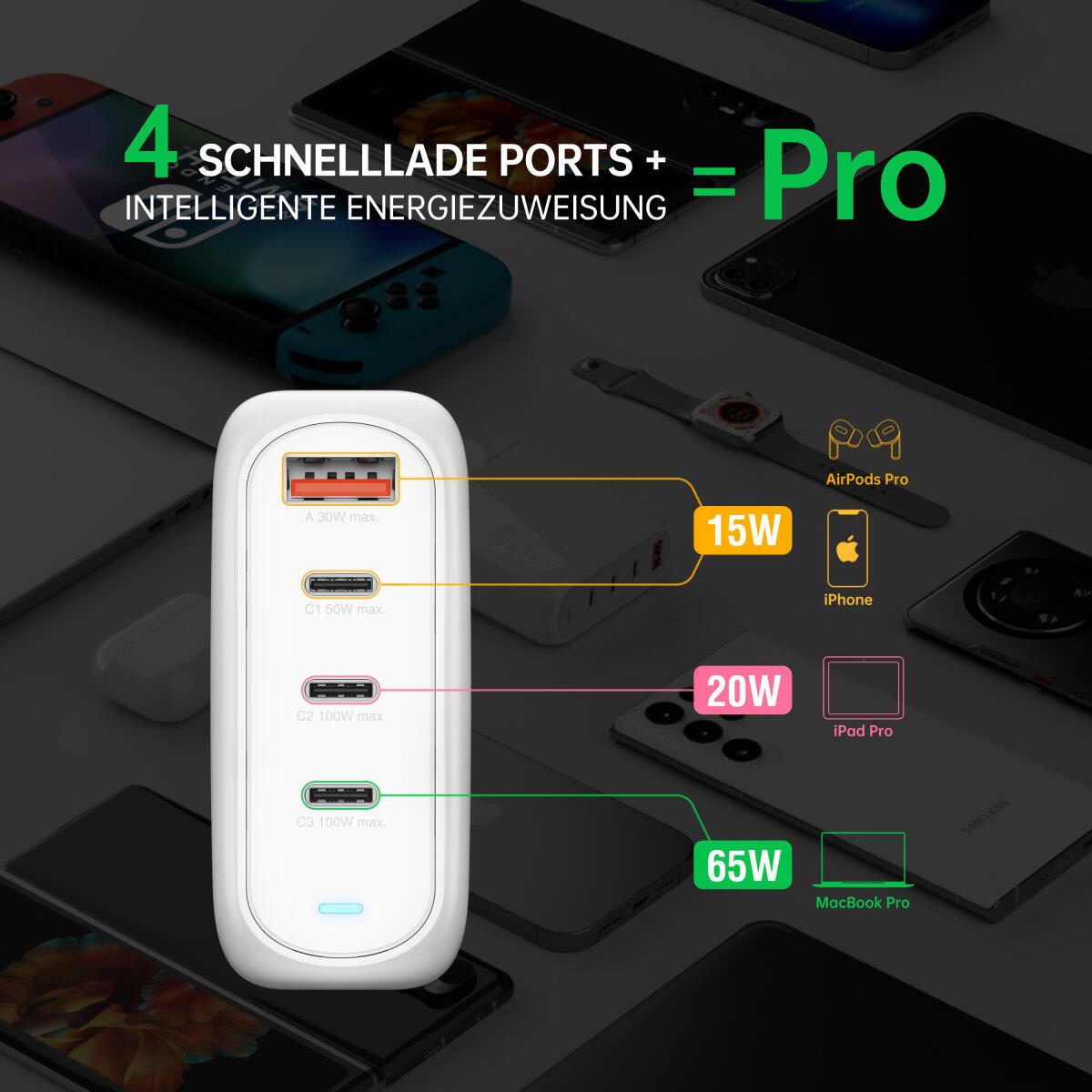 4smarts Ladegerät GaN Flex Pro 100W 3 USB-C+1 USB-A, weiß, Travel Edition