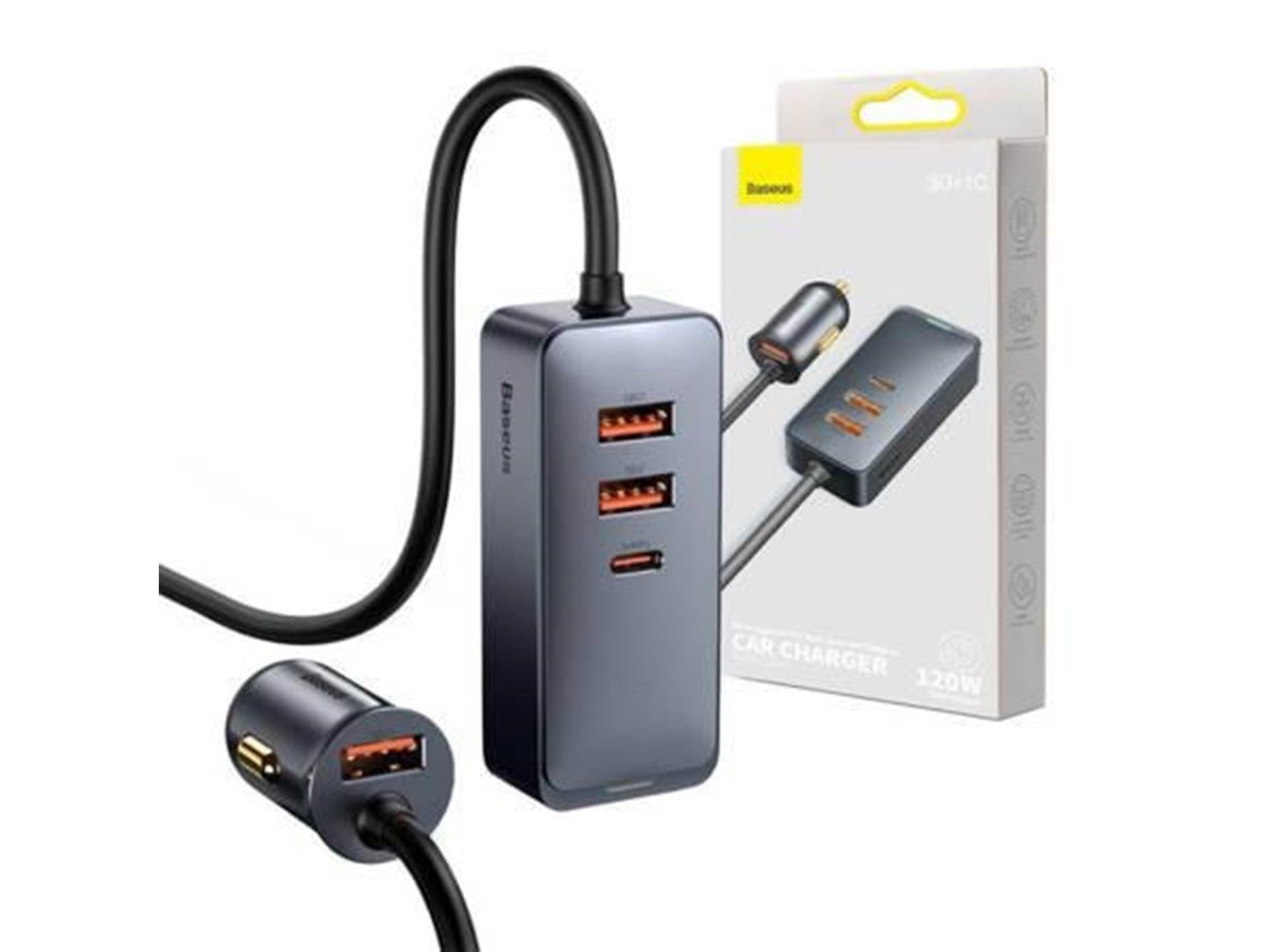 Baseus Car charger  Share Together with extension cord 3x USB USB-C 120W (grey)