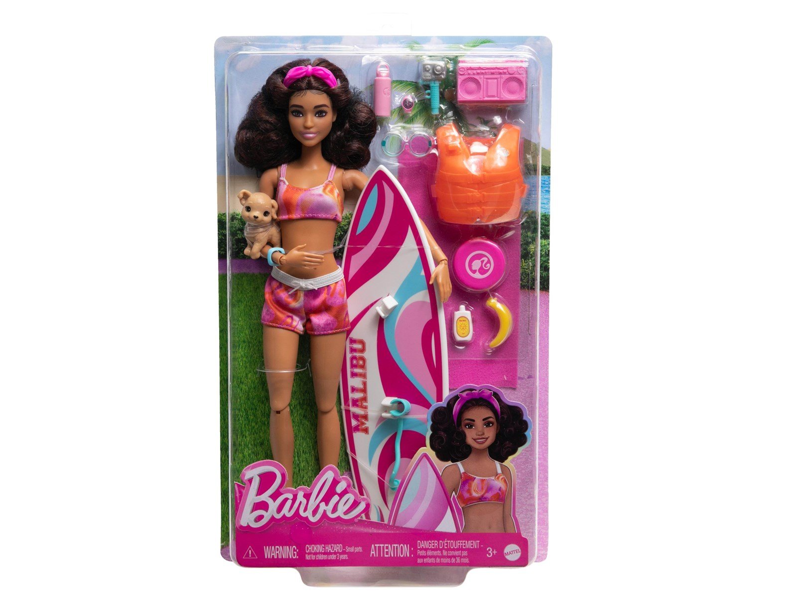 Barbie Doll With Surfboard And Puppy 30cm