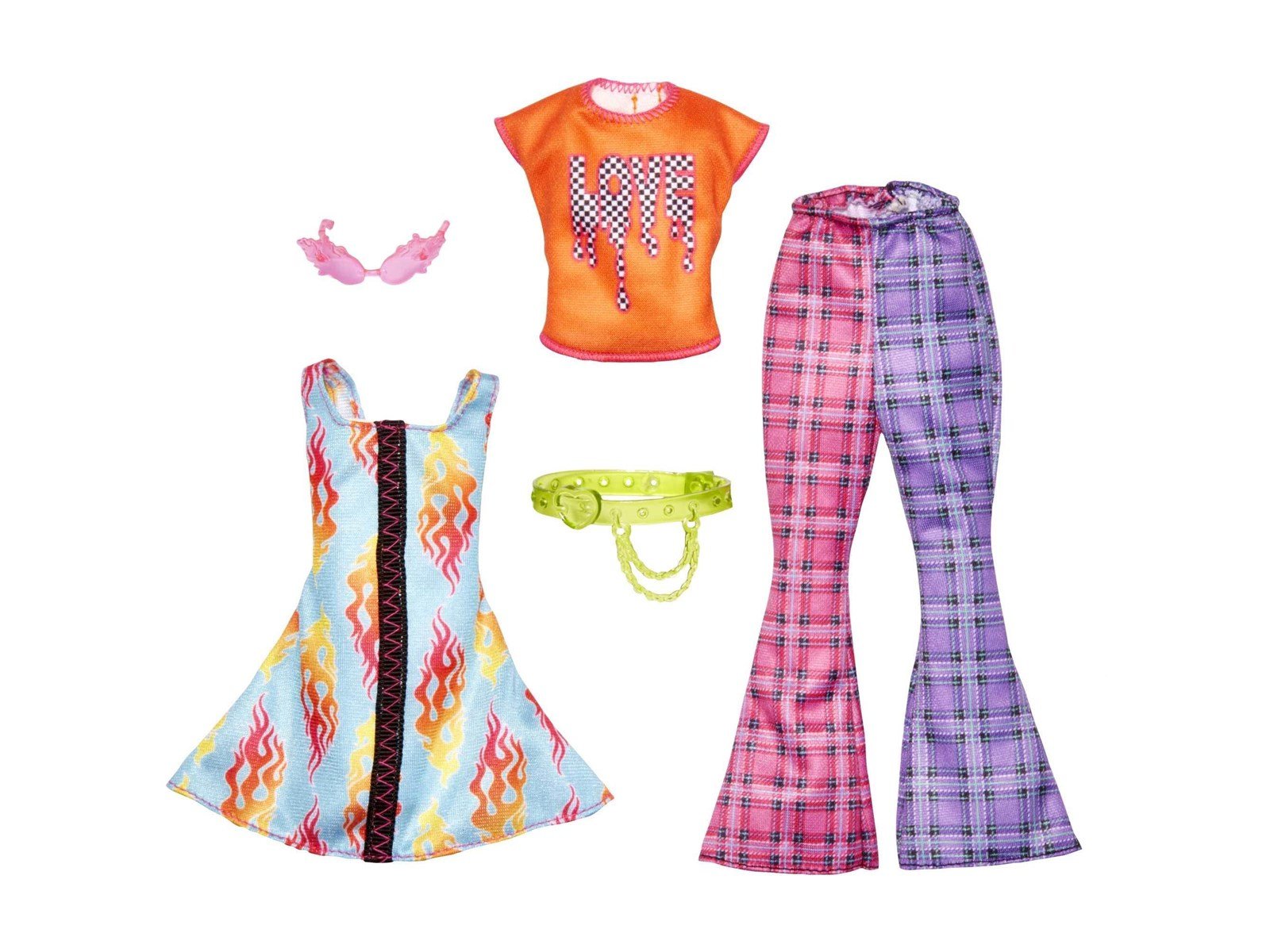 Barbie Fashions 2 Pack - Love T-shirt Check Flared Pants & Flames Print Dress