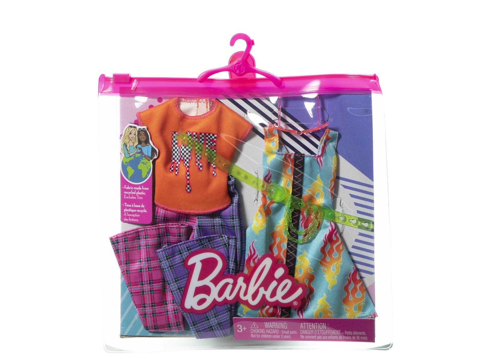 Barbie Fashions 2 Pack - Love T-shirt Check Flared Pants & Flames Print Dress