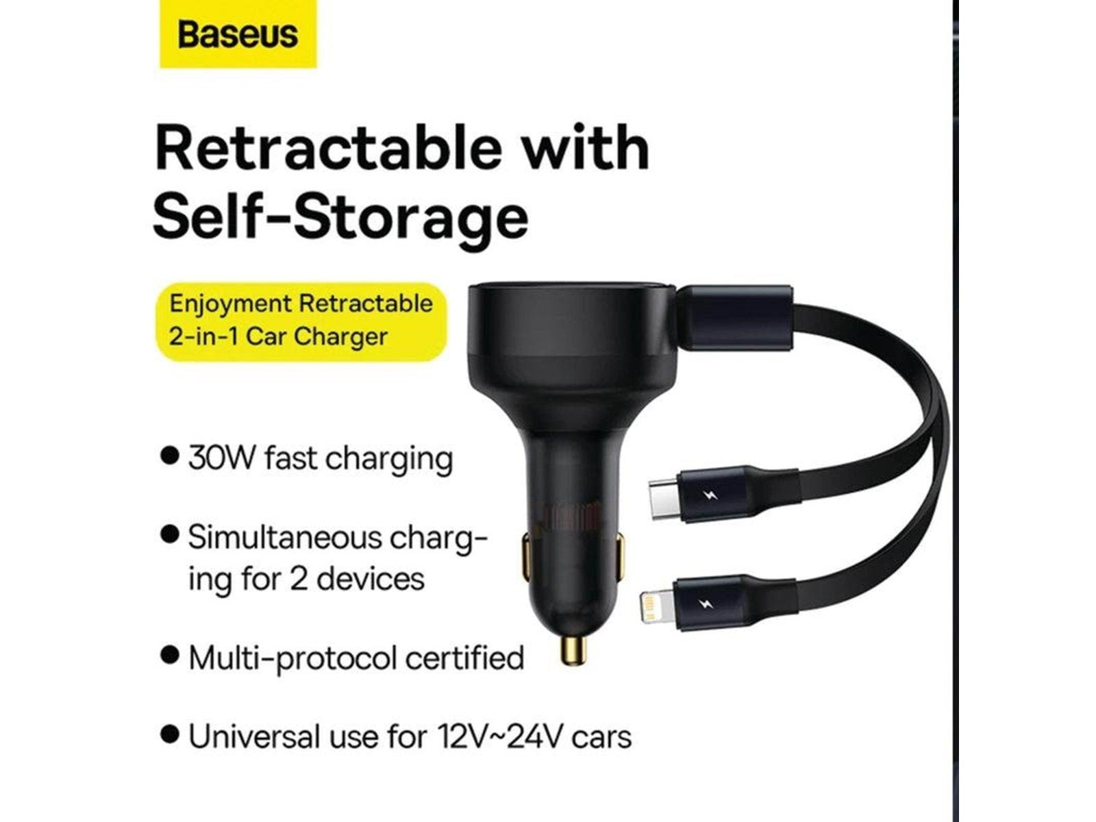 Baseus Car Charger  Enjoyment USB-C with USB-C cable and Lightning  60W (black)