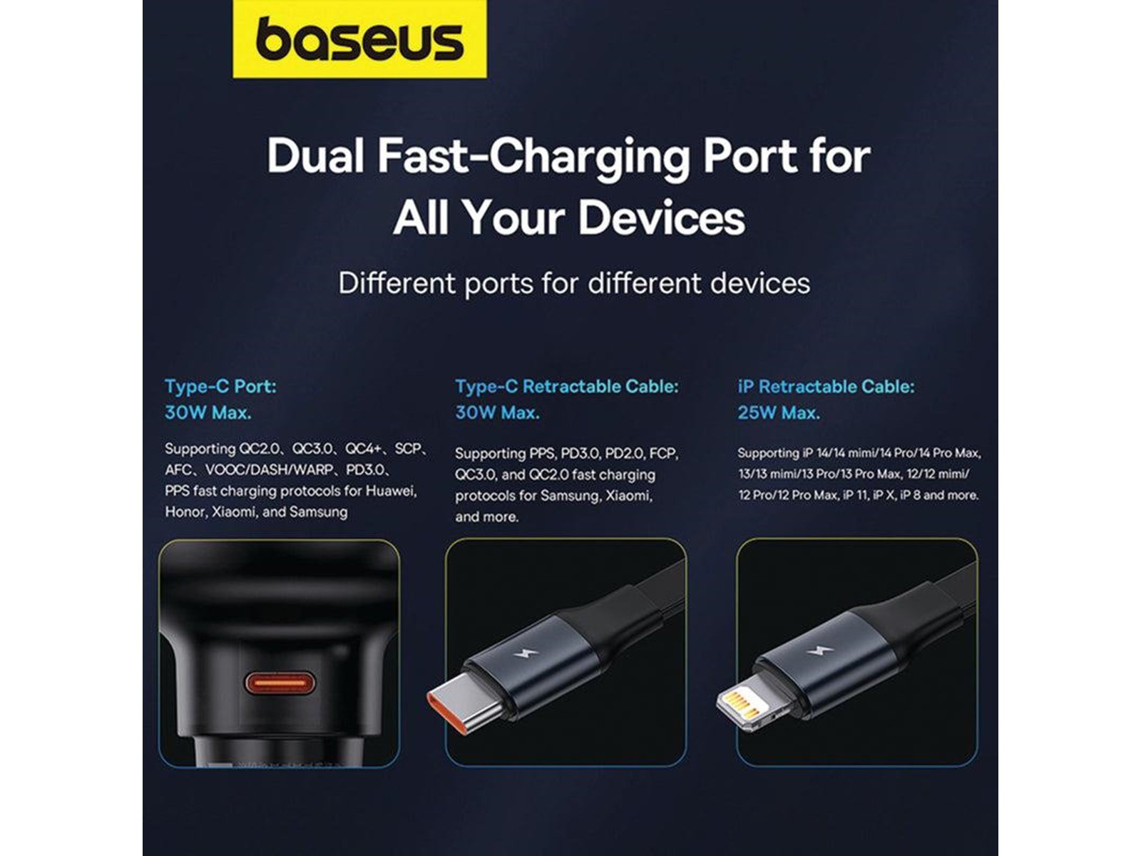 Baseus Car Charger  Enjoyment USB-C with USB-C cable and Lightning  60W (black)