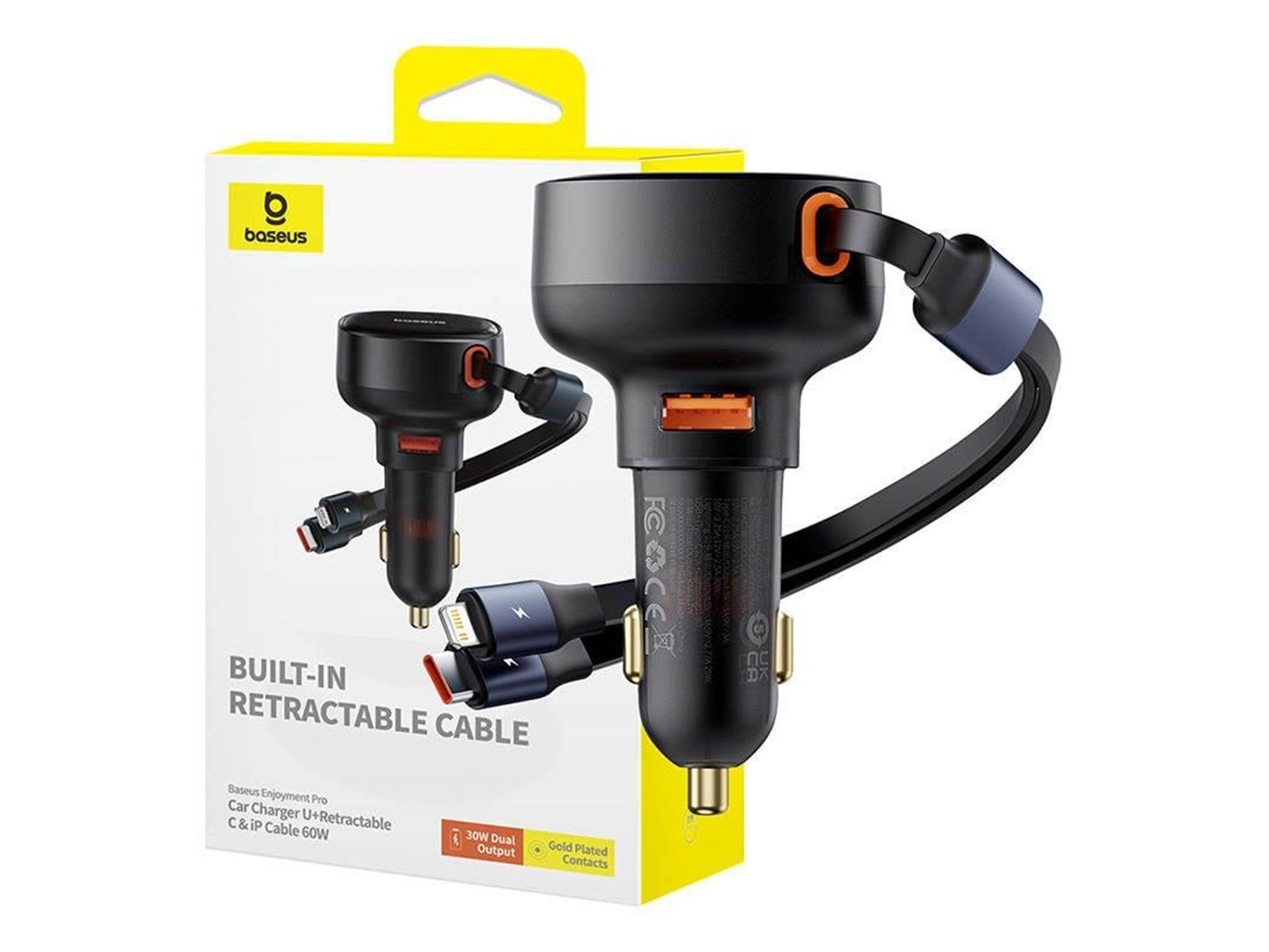 Baseus Car Charger  Enjoyment USB with USB-C cable and Lightning  60W (black)