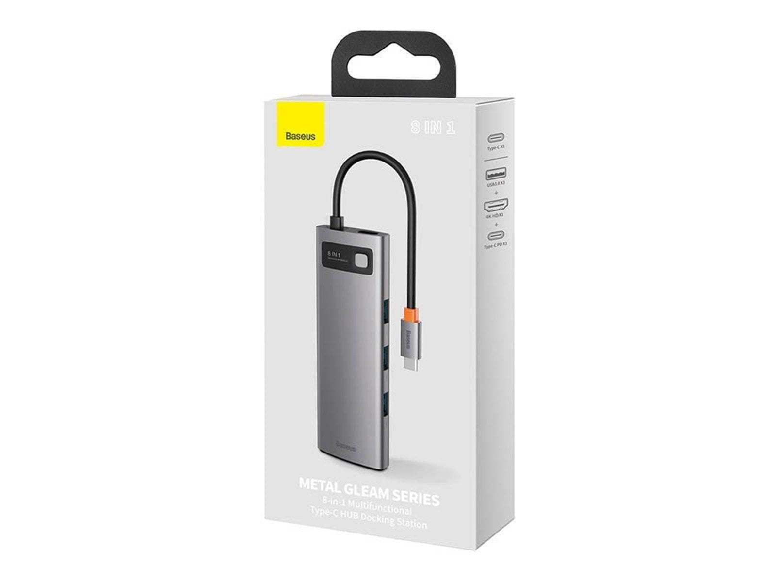 Baseus Hub 8in1 Metal Gleam Series USB-C to 3x USB 3.0 + HDMI + USB-C PD + Ethernet RJ45 + microSD/SD USB-Hubs - USB 3.0 - 7 - G