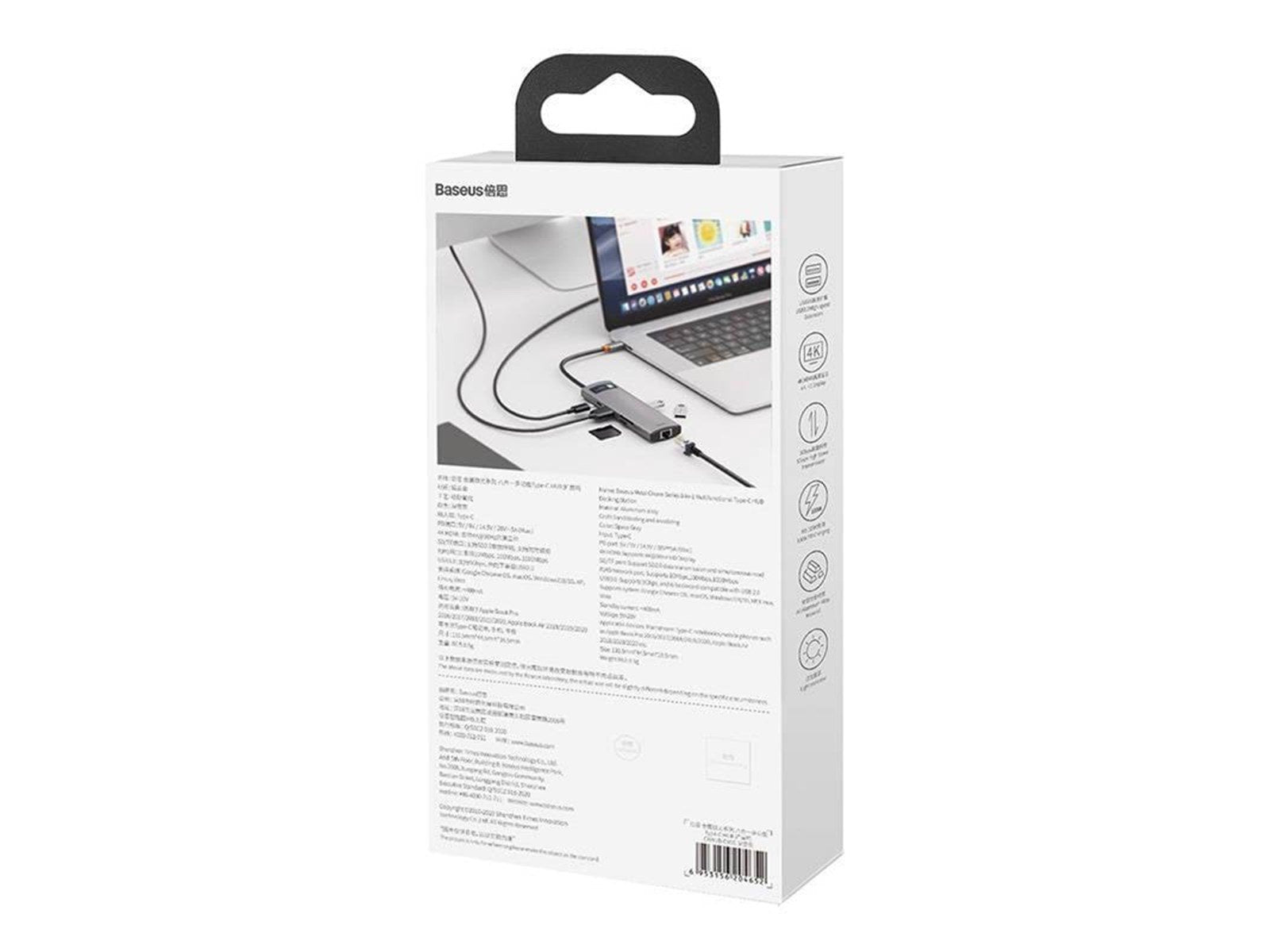 Baseus Hub 8in1 Metal Gleam Series USB-C to 3x USB 3.0 + HDMI + USB-C PD + Ethernet RJ45 + microSD/SD USB-Hubs - USB 3.0 - 7 - G