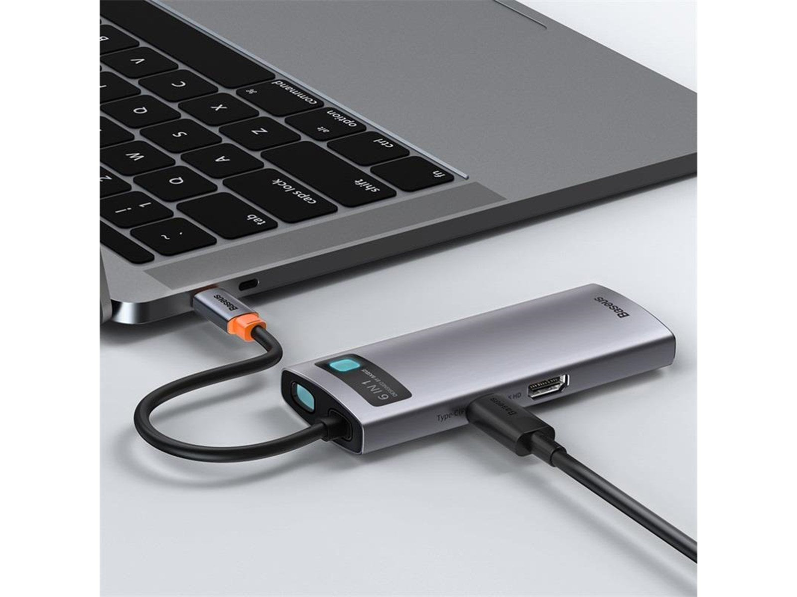 Baseus Hub 6in1 Metal Gleam Series USB-C to 3x USB 3.0 + HDMI + USB-C PD + Ethernet RJ45 USB-Hubs - USB 3.0 - 6 - Grau