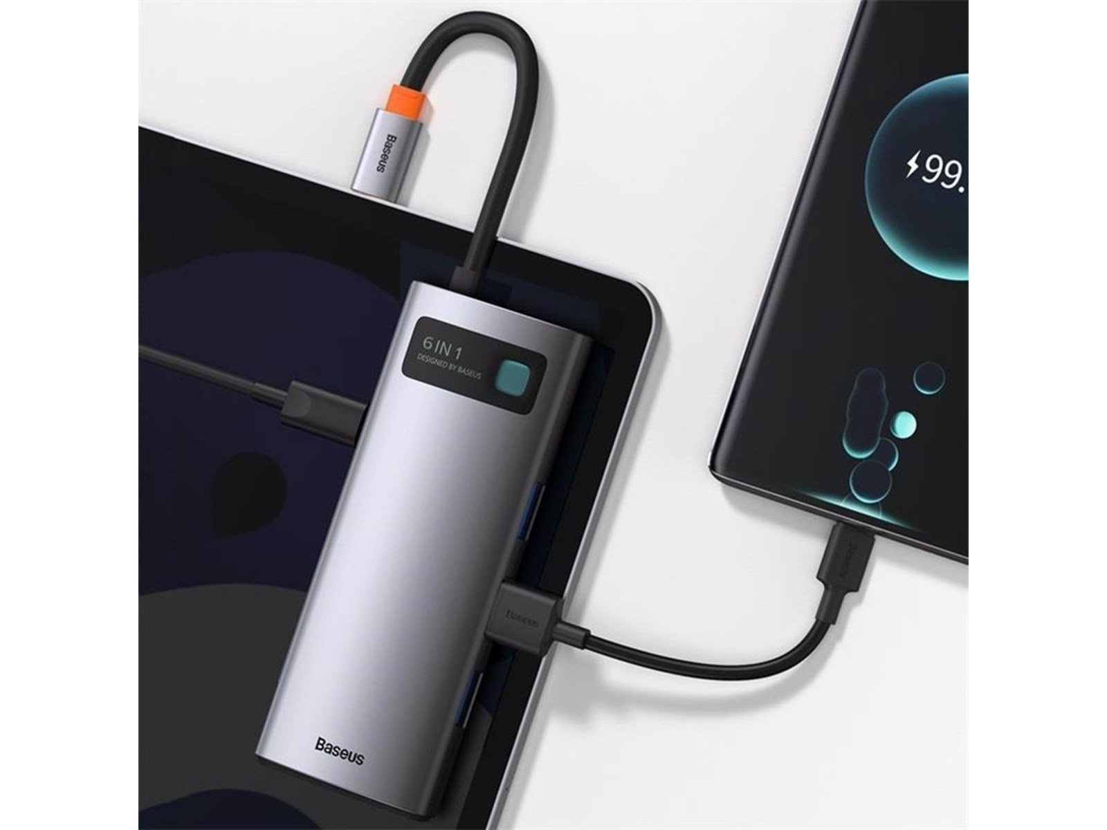 Baseus Hub 6in1 Metal Gleam Series USB-C to 3x USB 3.0 + HDMI + USB-C PD + Ethernet RJ45 USB-Hubs - USB 3.0 - 6 - Grau
