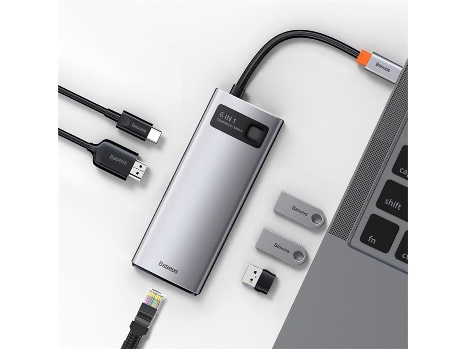 Baseus Hub 6in1 Metal Gleam Series USB-C to 3x USB 3.0 + HDMI + USB-C PD + Ethernet RJ45 USB-Hubs - USB 3.0 - 6 - Grau
