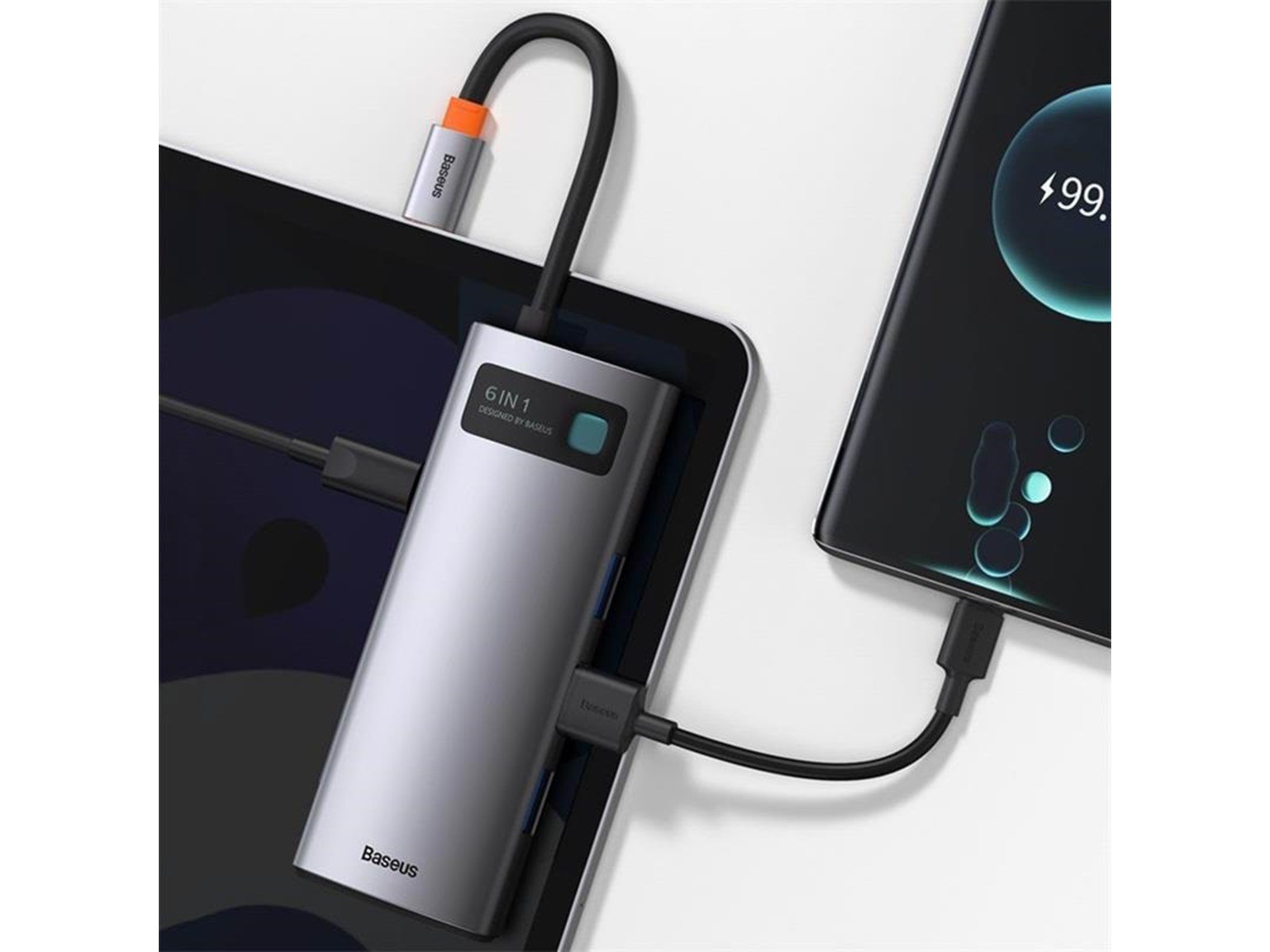 Baseus Hub 6in1 Metal Gleam Series USB-C to 3x USB 3.0 + HDMI + USB-C PD + Ethernet RJ45 USB-Hubs - USB 3.0 - 6 - Grau