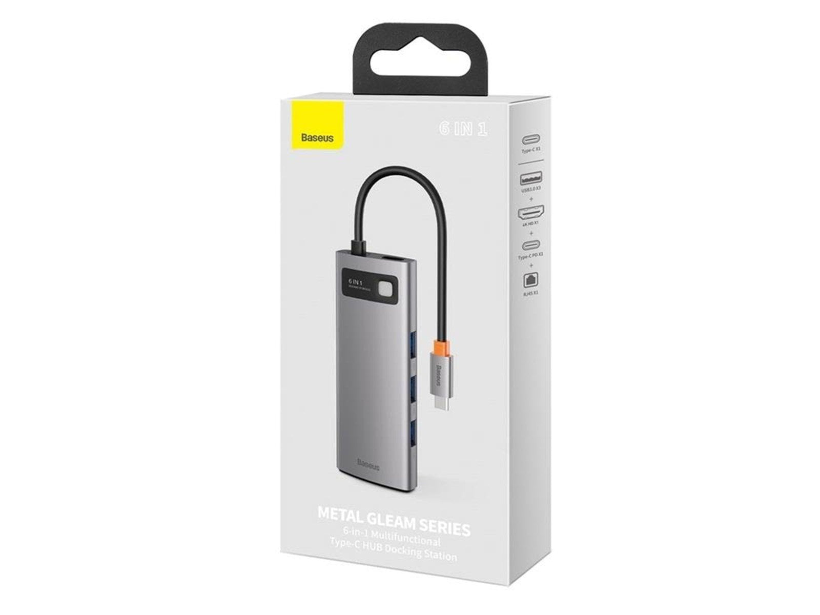 Baseus Hub 6in1 Metal Gleam Series USB-C to 3x USB 3.0 + HDMI + USB-C PD + Ethernet RJ45 USB-Hubs - USB 3.0 - 6 - Grau
