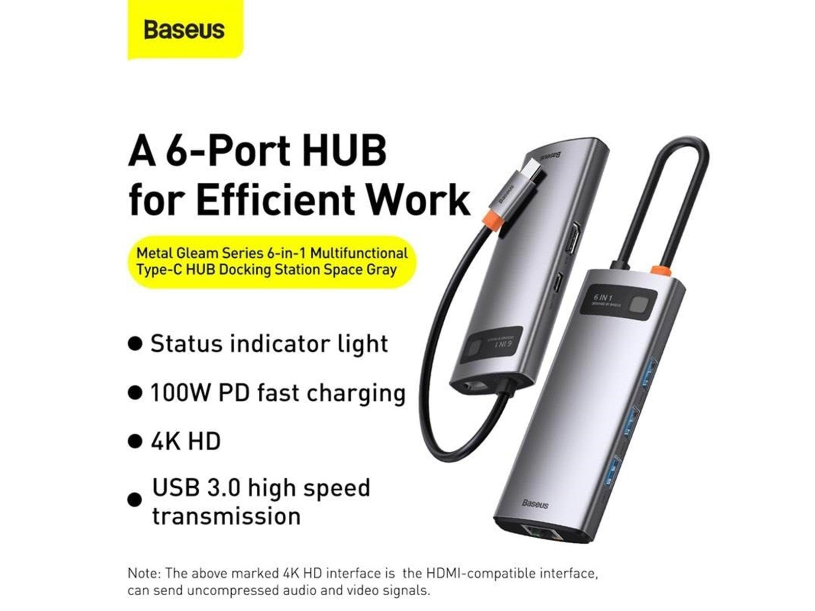 Baseus Hub 6in1 Metal Gleam Series USB-C to 3x USB 3.0 + HDMI + USB-C PD + Ethernet RJ45 USB-Hubs - USB 3.0 - 6 - Grau