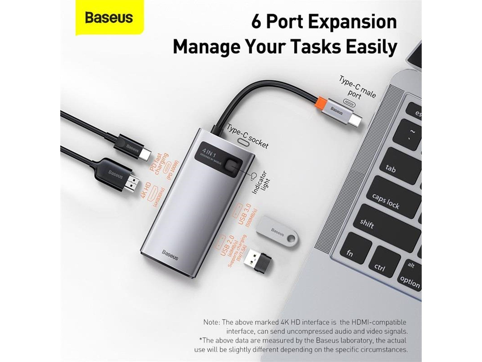 Baseus Hub 6in1 Metal Gleam Series USB-C to 3x USB 3.0 + HDMI + USB-C PD + Ethernet RJ45 USB-Hubs - USB 3.0 - 6 - Grau