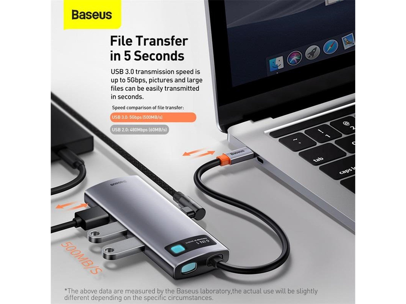 Baseus Hub 6in1 Metal Gleam Series USB-C to 3x USB 3.0 + HDMI + USB-C PD + Ethernet RJ45 USB-Hubs - USB 3.0 - 6 - Grau