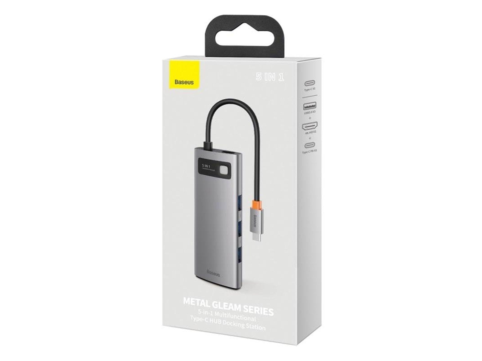 Baseus Hub 5in1 Metal Gleam Series USB-C to 3x USB 3.0 + HDMI + USB-C PD USB-Hubs - USB 3.0 - 5 - Grau