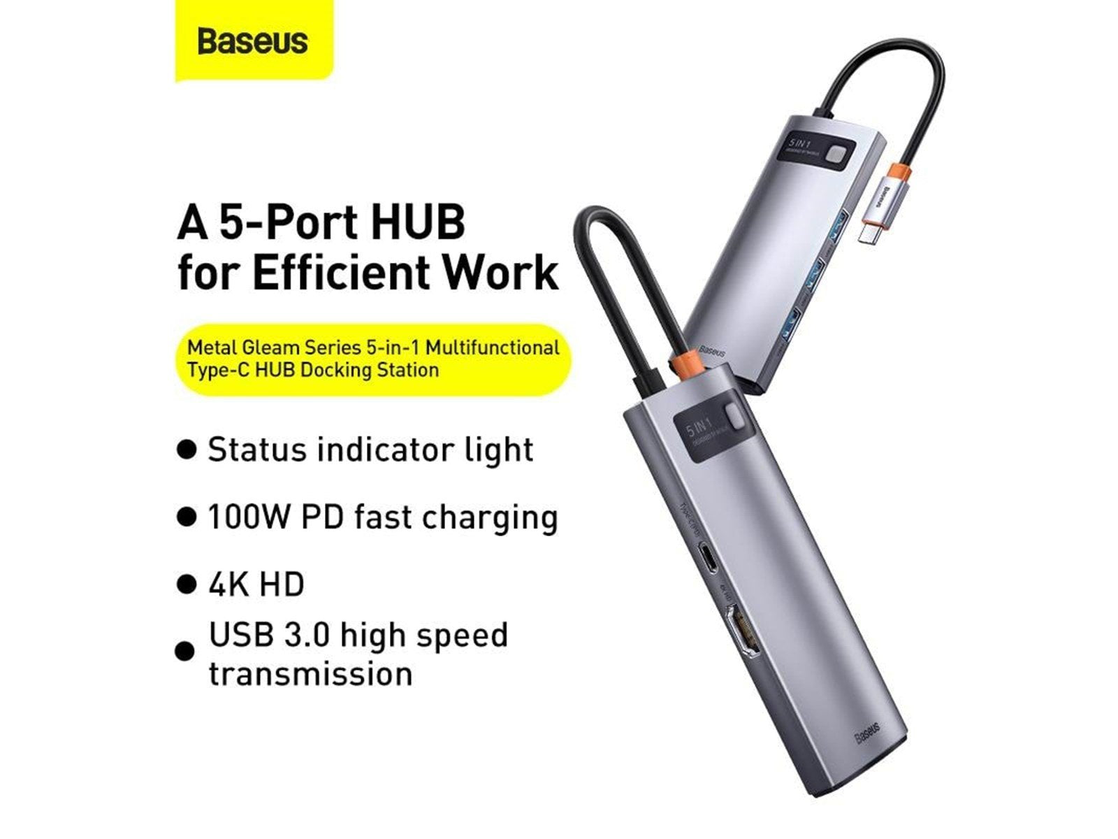 Baseus Hub 5in1 Metal Gleam Series USB-C to 3x USB 3.0 + HDMI + USB-C PD USB-Hubs - USB 3.0 - 5 - Grau