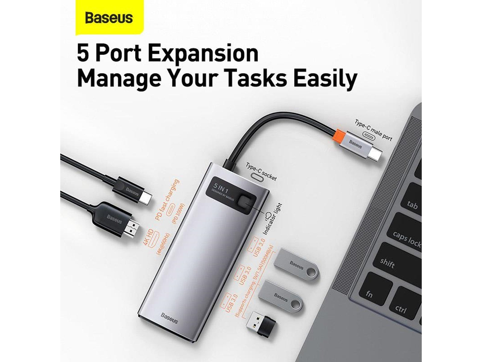 Baseus Hub 5in1 Metal Gleam Series USB-C to 3x USB 3.0 + HDMI + USB-C PD USB-Hubs - USB 3.0 - 5 - Grau
