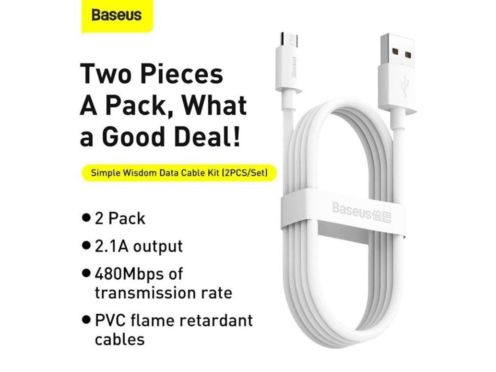 Baseus Simple Wisdom Data Cable Kit USB to Micro 2.1A (2PCS/Set) 1.5m White