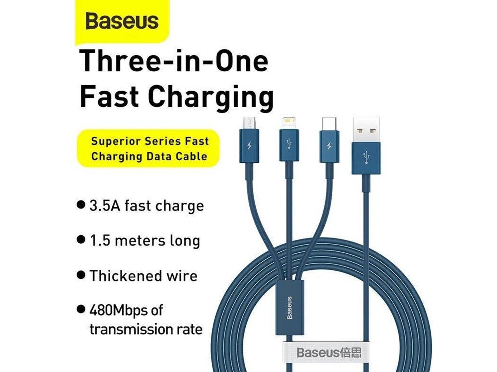 Baseus Superior Series USB to micro USB / USB-C / Lightning 3.5A 1.2m (blue)