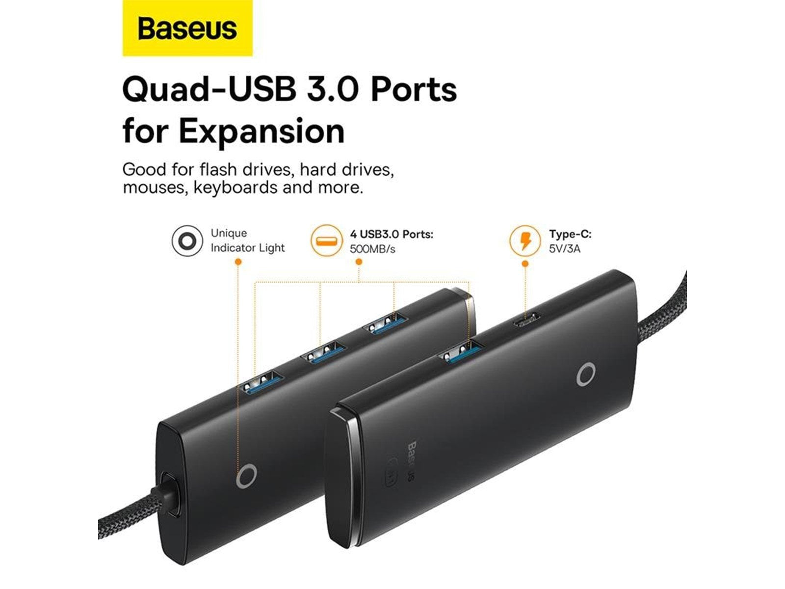 Baseus Lite Series USB do 4x USB 3.0 2m (black) USB-Hubs - USB 3.0 - 4 - Schwarz