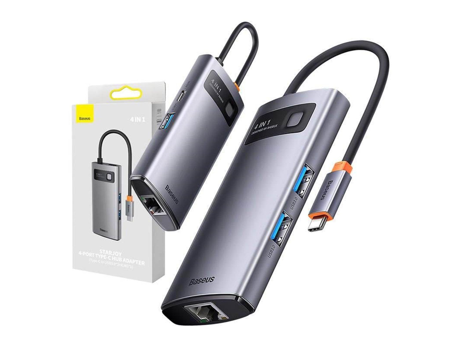 Baseus Hub 4in1 Metal Gleam Series USB-C to 3x USB 3.0 + Ethernet RJ45 USB-Hubs - USB 3.0 - 4 - Grau