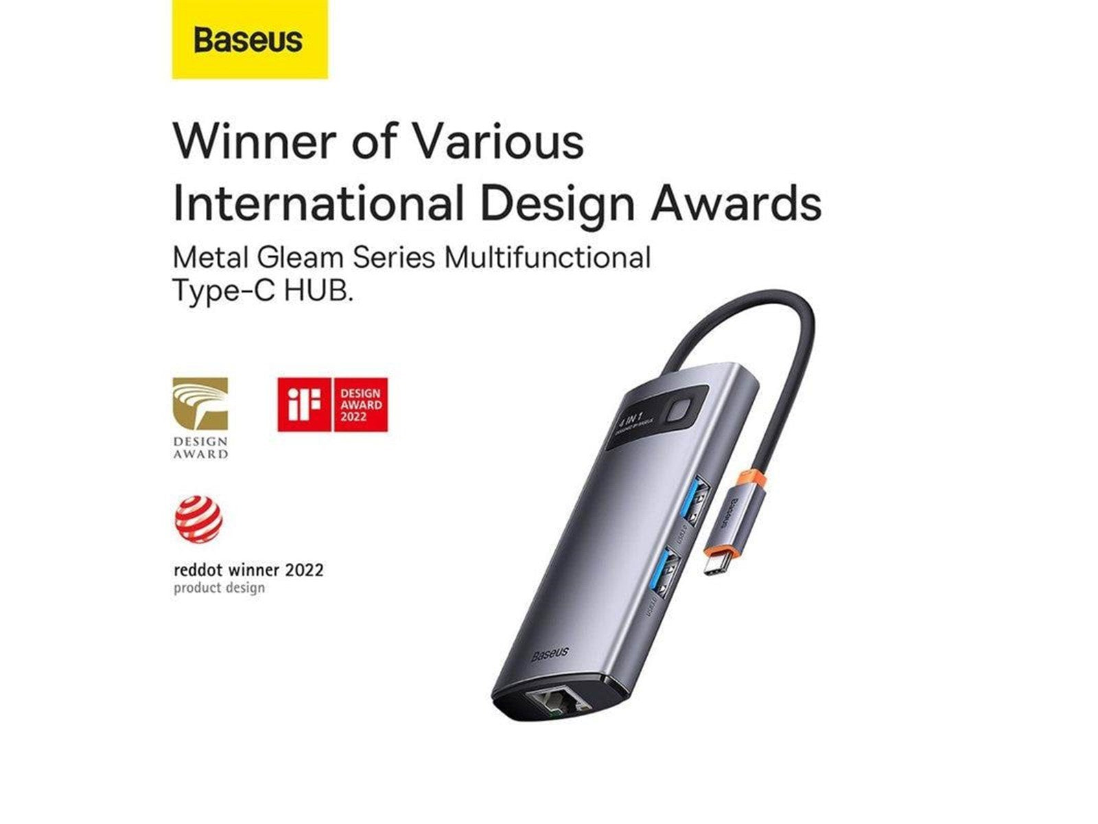 Baseus Hub 4in1 Metal Gleam Series USB-C to 3x USB 3.0 + Ethernet RJ45 USB-Hubs - USB 3.0 - 4 - Grau
