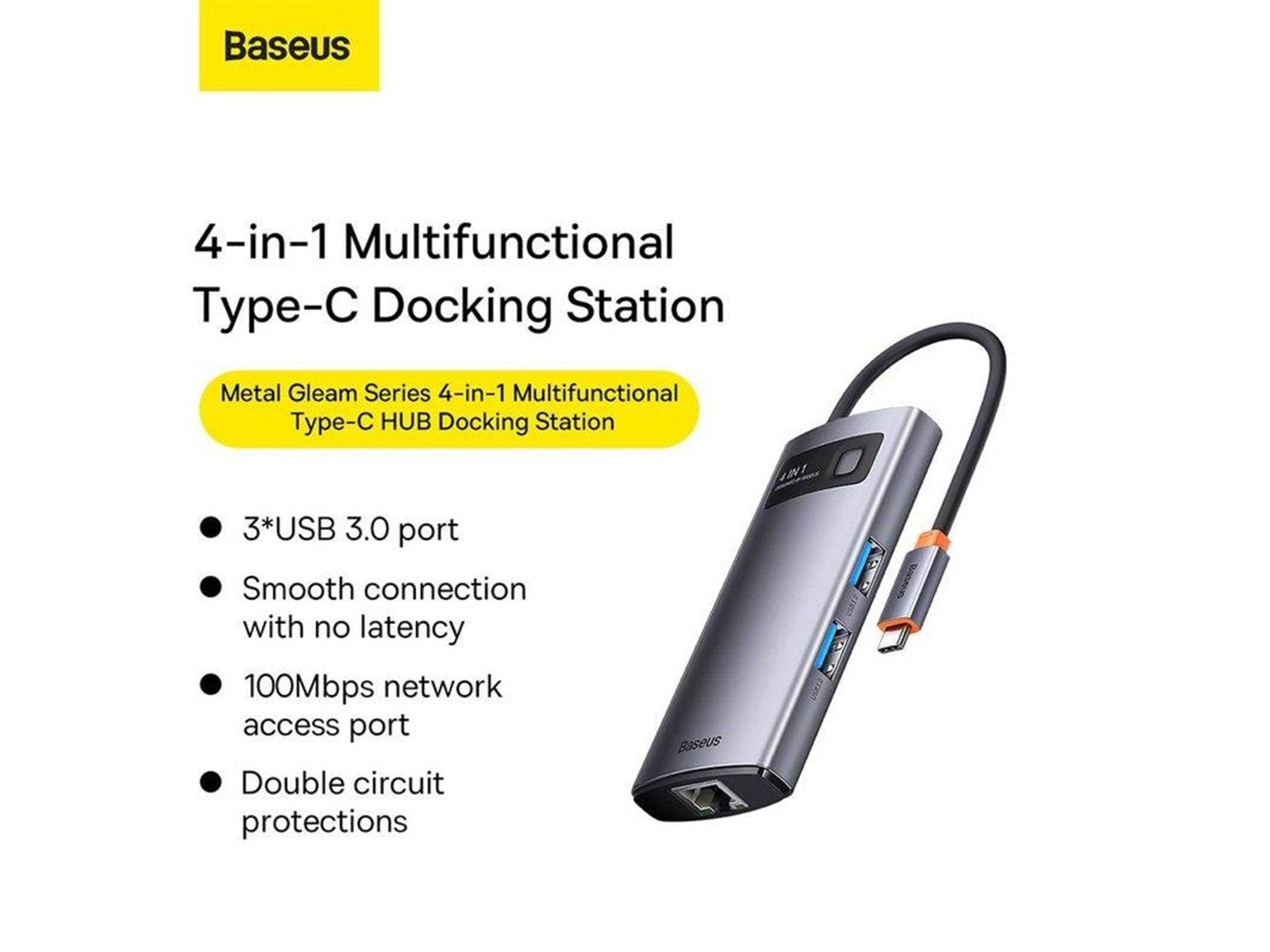 Baseus Hub 4in1 Metal Gleam Series USB-C to 3x USB 3.0 + Ethernet RJ45 USB-Hubs - USB 3.0 - 4 - Grau
