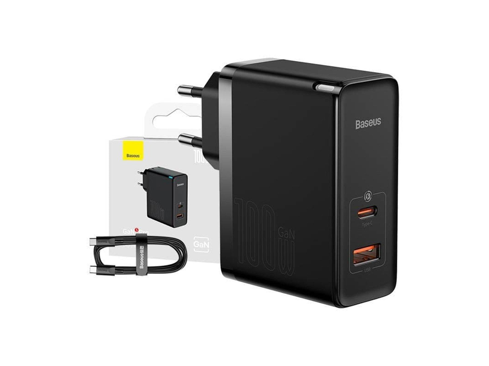 Baseus GaN USB-C + USB 100W + 1m cable (black)