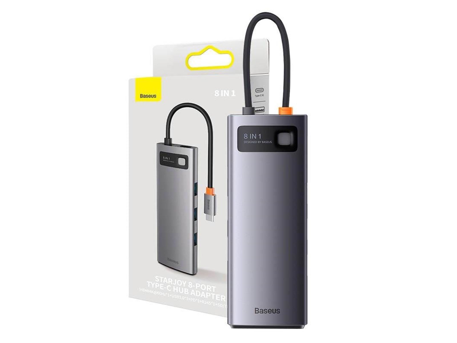 Baseus StarJoy Metal Glam Series USB-C do HDMI + 3 x USB 3.0 + USB-C PD + RJ45 + SD/TF USB-Hubs - USB 3.0 - 8 Anschlüsse - Grau