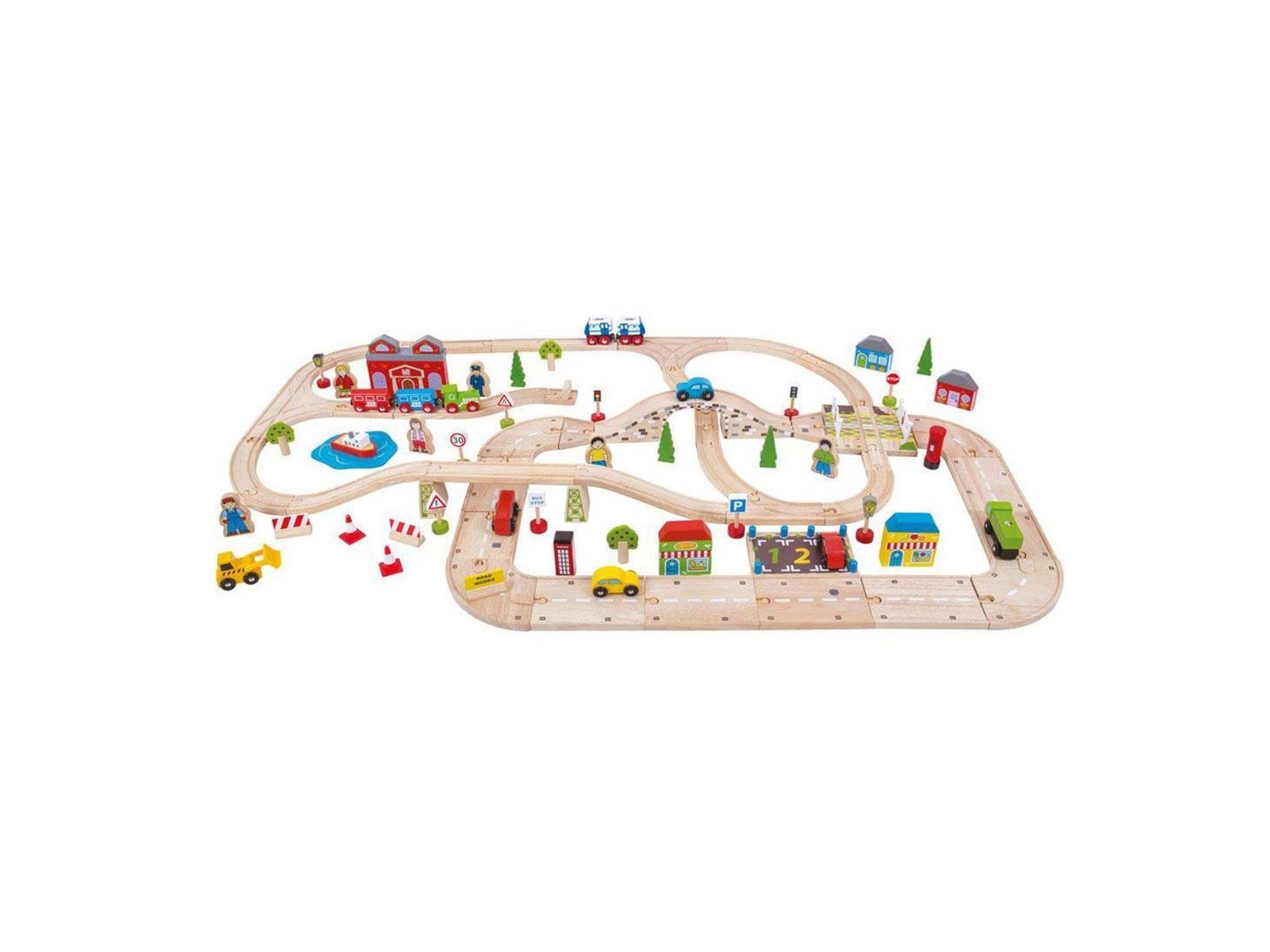 Bigjigs Wooden Train Track and Car Track Set 105dlg.