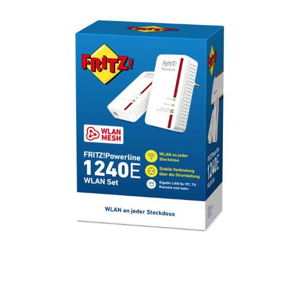 AVM FRITZ Powerline 1240E WLAN Set Powerline Adapterkit GigE, HomePlug AV WiFi 2,4 GHz an Wandsteckdose anschließbar