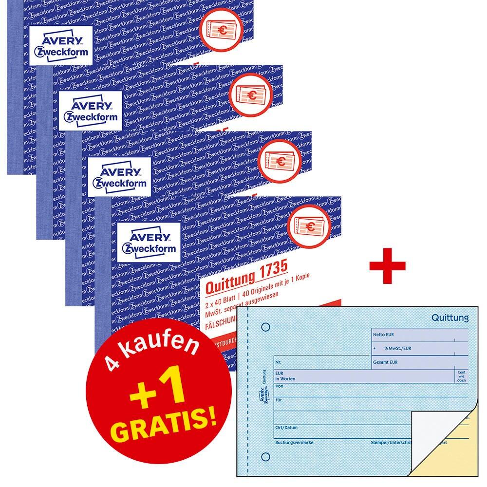 Avery Zweckform Quittungsbuch A6 Querformat inkl. Mwst. - 4 + 1 Gratis