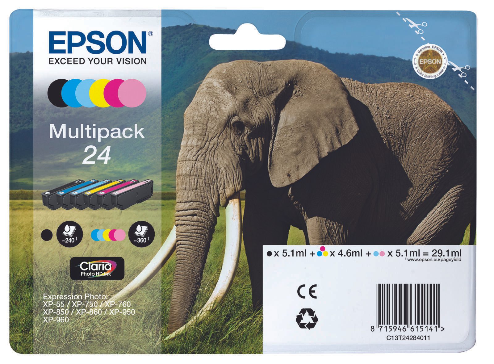 Epson Original 24 Elefant Druckerpatronen 6er Multipack BK/C/M/Y/LC/LM (C13T24284010)