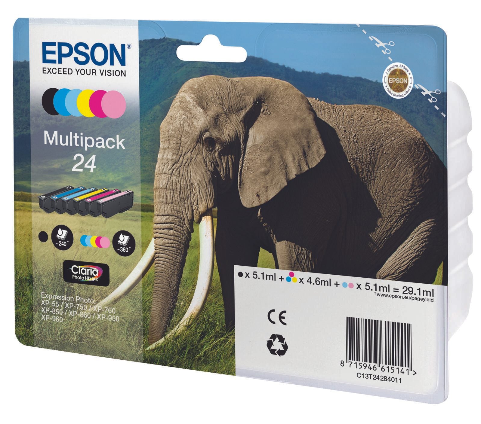 Epson Original 24 Elefant Druckerpatronen 6er Multipack BK/C/M/Y/LC/LM (C13T24284010)