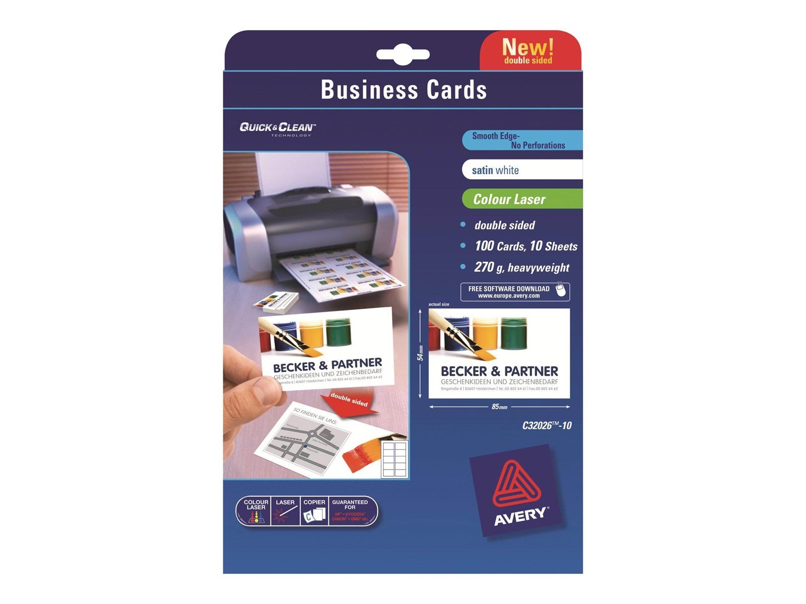 Avery Quick&Clean C32026-10 - business cards - matte - 100 card(s) - 54 x 85 mm - 270 g/m²