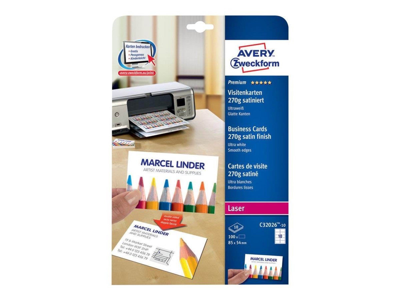 Avery Quick&Clean C32026-10 - business cards - matte - 100 card(s) - 54 x 85 mm - 270 g/m²