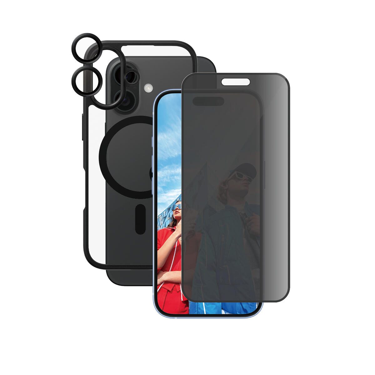 CARE by PanzerGlass® Flagship 3-in-1 Privacy Schutzset für iPhone 16