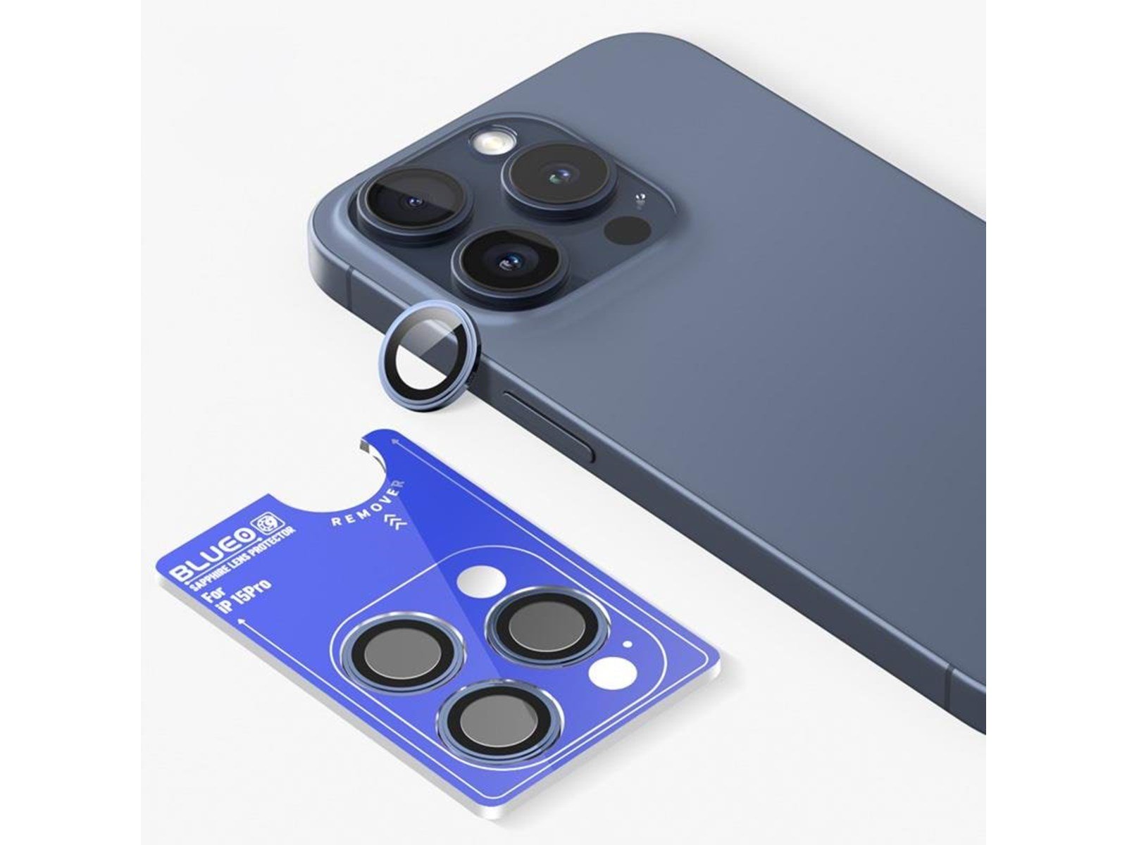 Blueo Sapphire Crystal Stainless Steel Camera Lens Protector - blue - iPhone 15 Pro Max