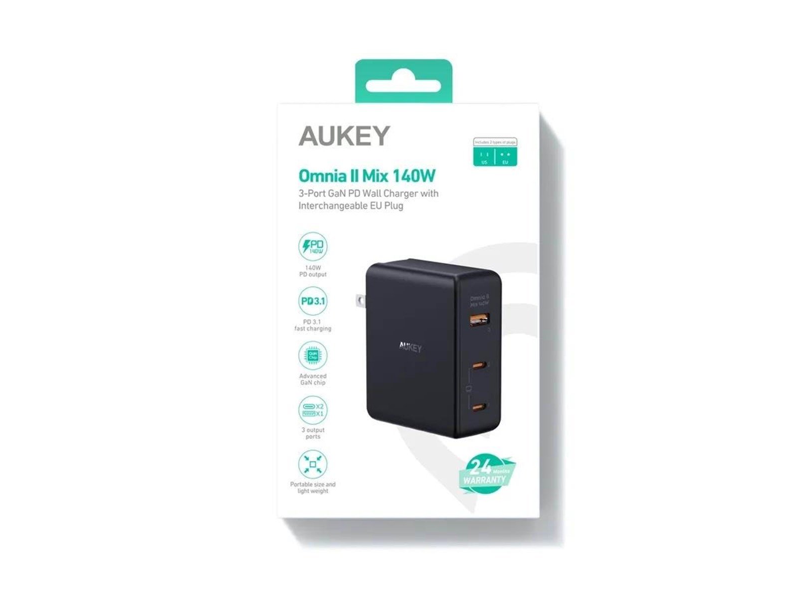 Aukey Omnia II Mix 140W - 3-port GaN PD Wall Charger with Interchangeable EU Plug