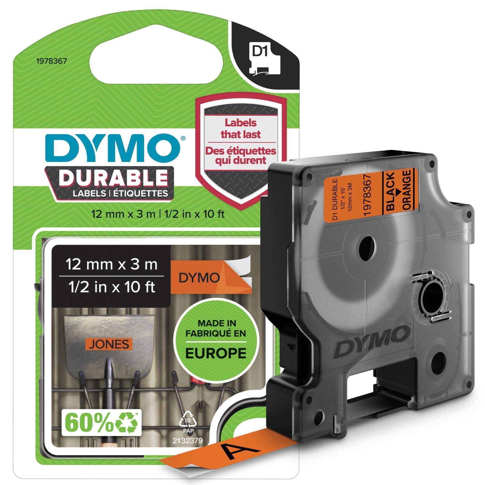DYMO® Original D1-Schriftband 'Hochleistung' für LabelManager™ 12mm x 3m - Polyester, permanent haftend - schwarz auf o
