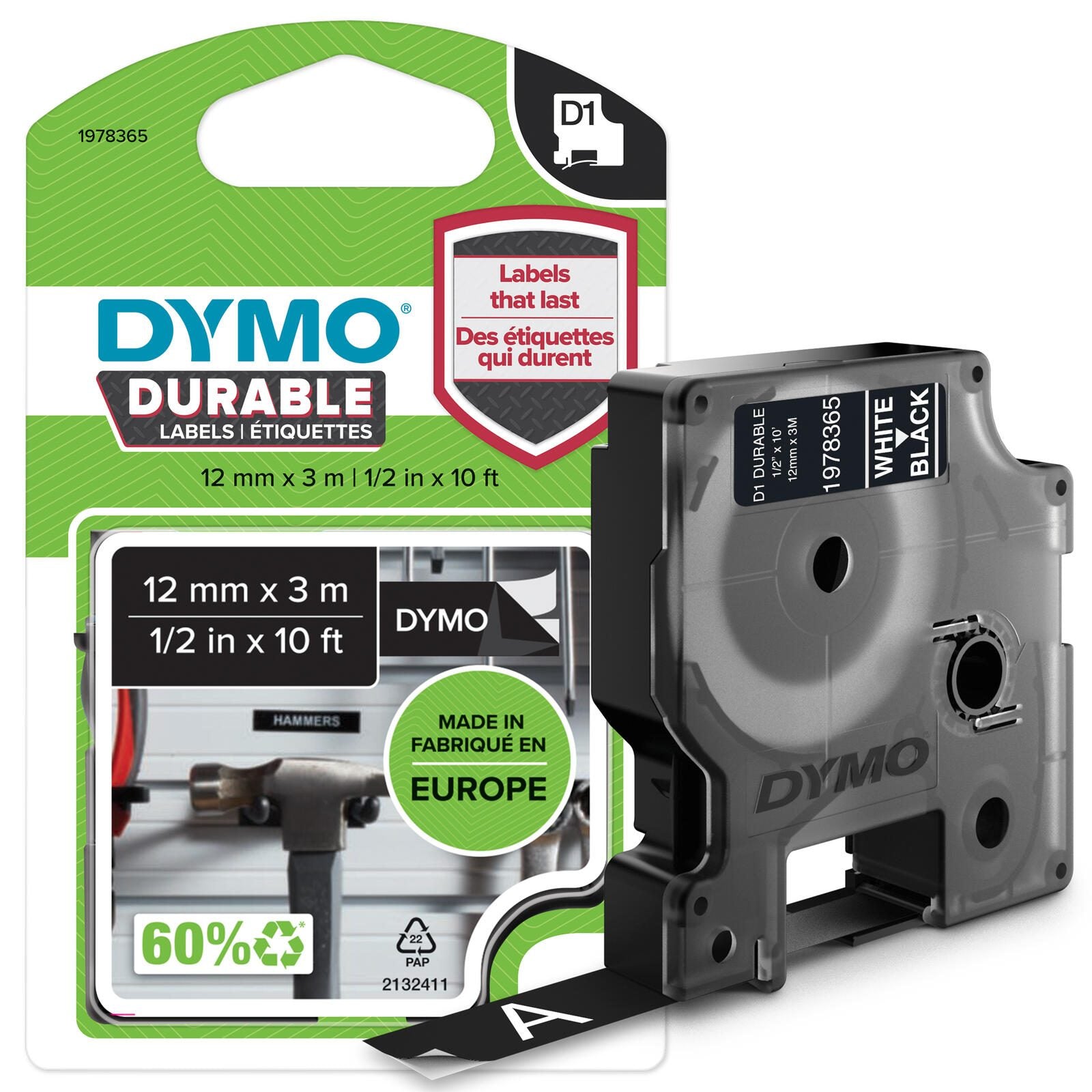 DYMO® Original D1-Schriftband 'Hochleistung' für LabelManager™ 12mm x 3m - Polyester, permanent haftend - weiss auf sch