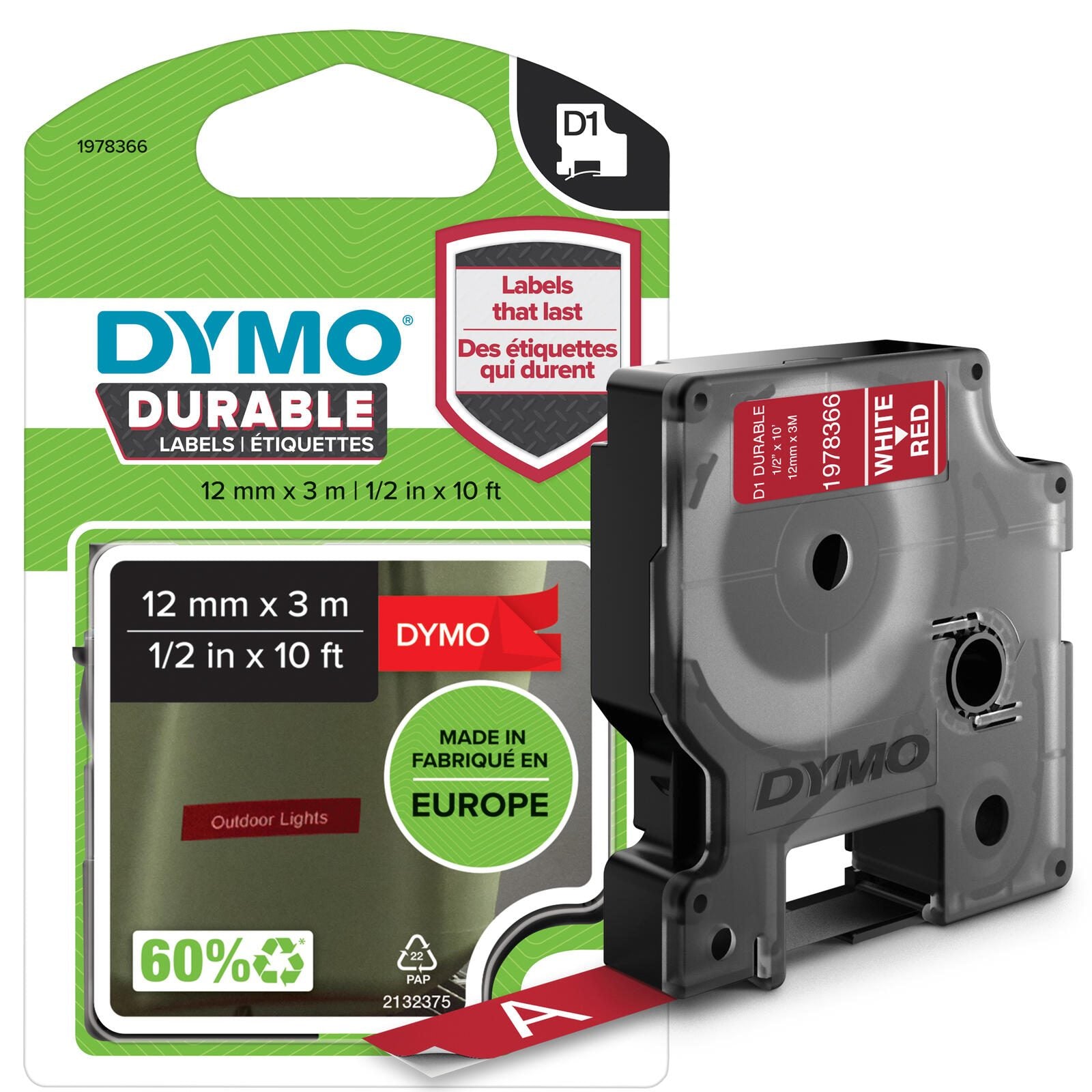 DYMO® Original D1-Schriftband 'Hochleistung' für LabelManager™ 12mm x 3m - Polyester, permanent haftend - schwarz auf r