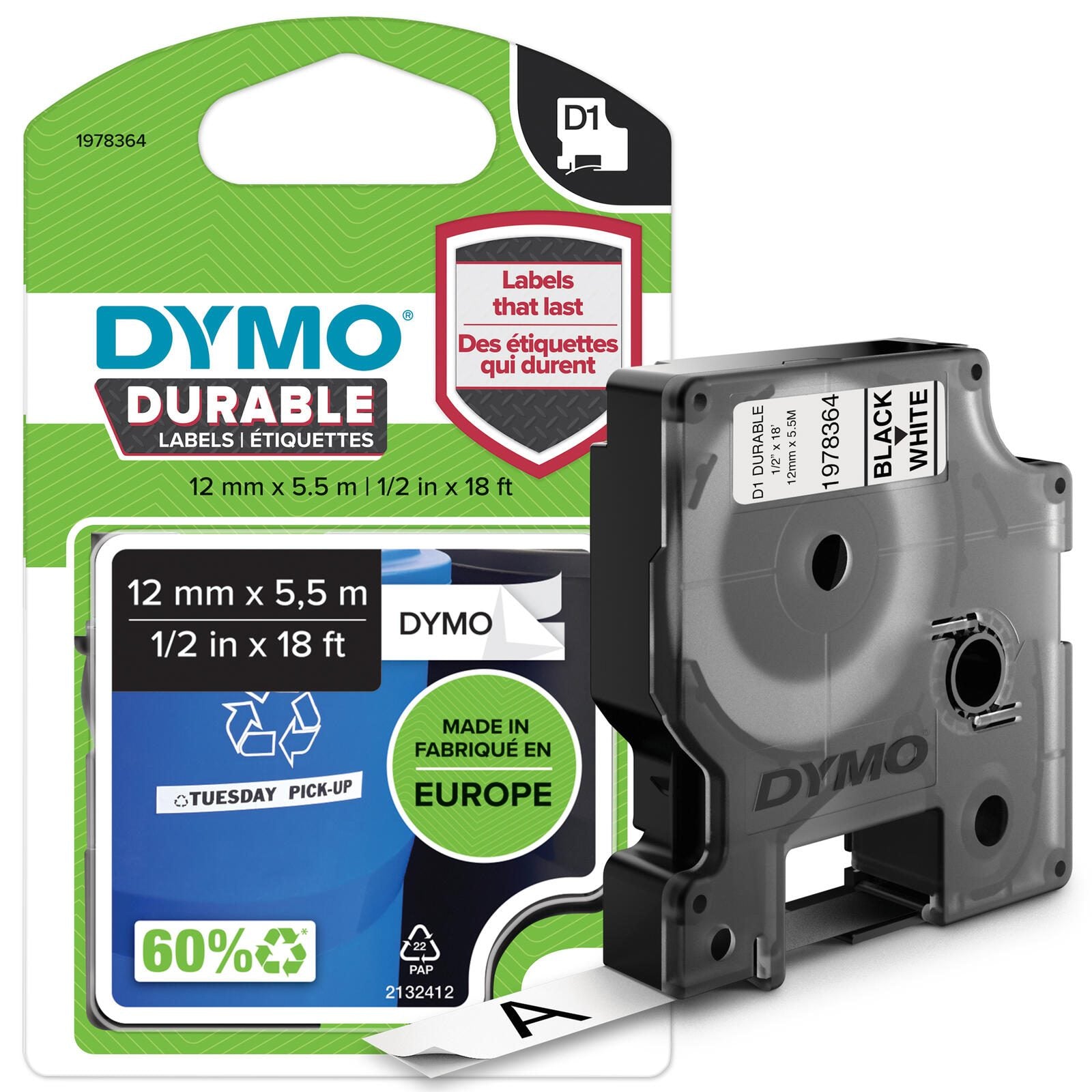 DYMO® Original D1-Schriftband 'Hochleistung' für LabelManager™ 12mm x 5,5m - Polyester, permanent haftend - schwarz auf