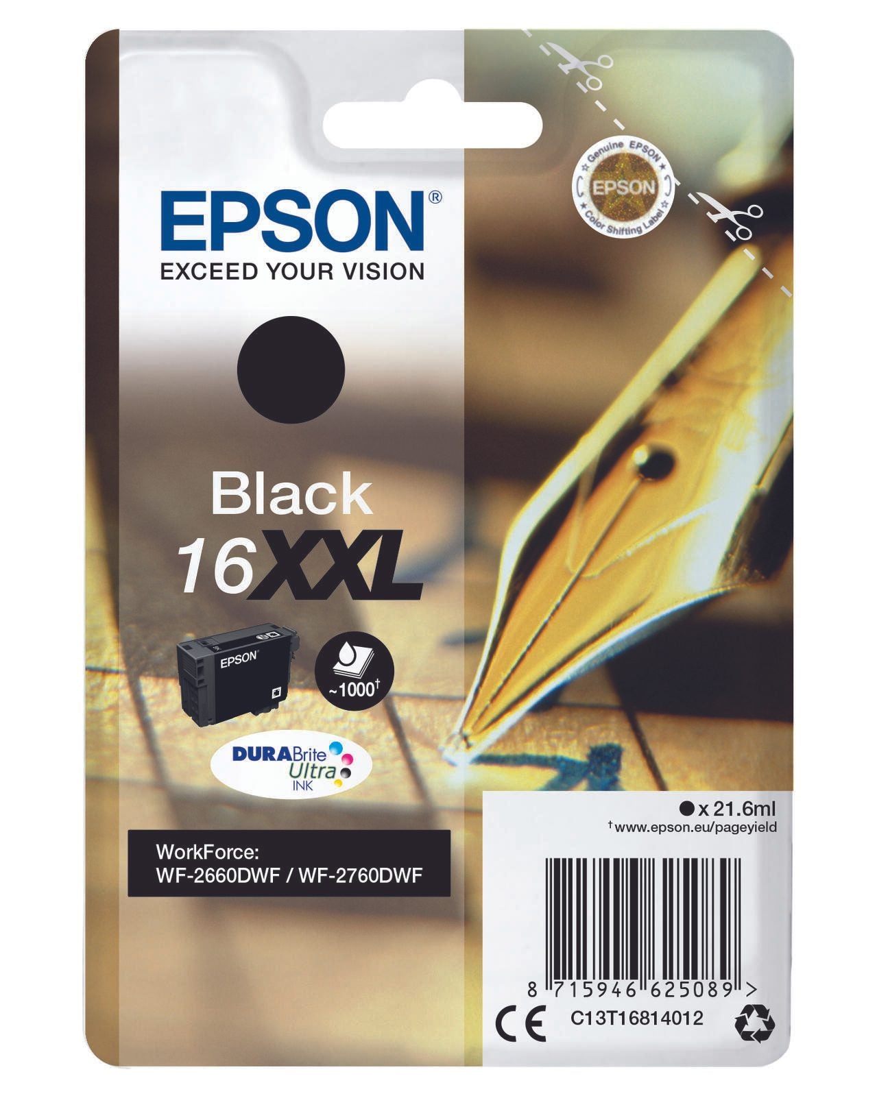Epson Original 16XXL Füller Druckerpatrone schwarz 1000 Seiten 21,6ml (C13T16814012)