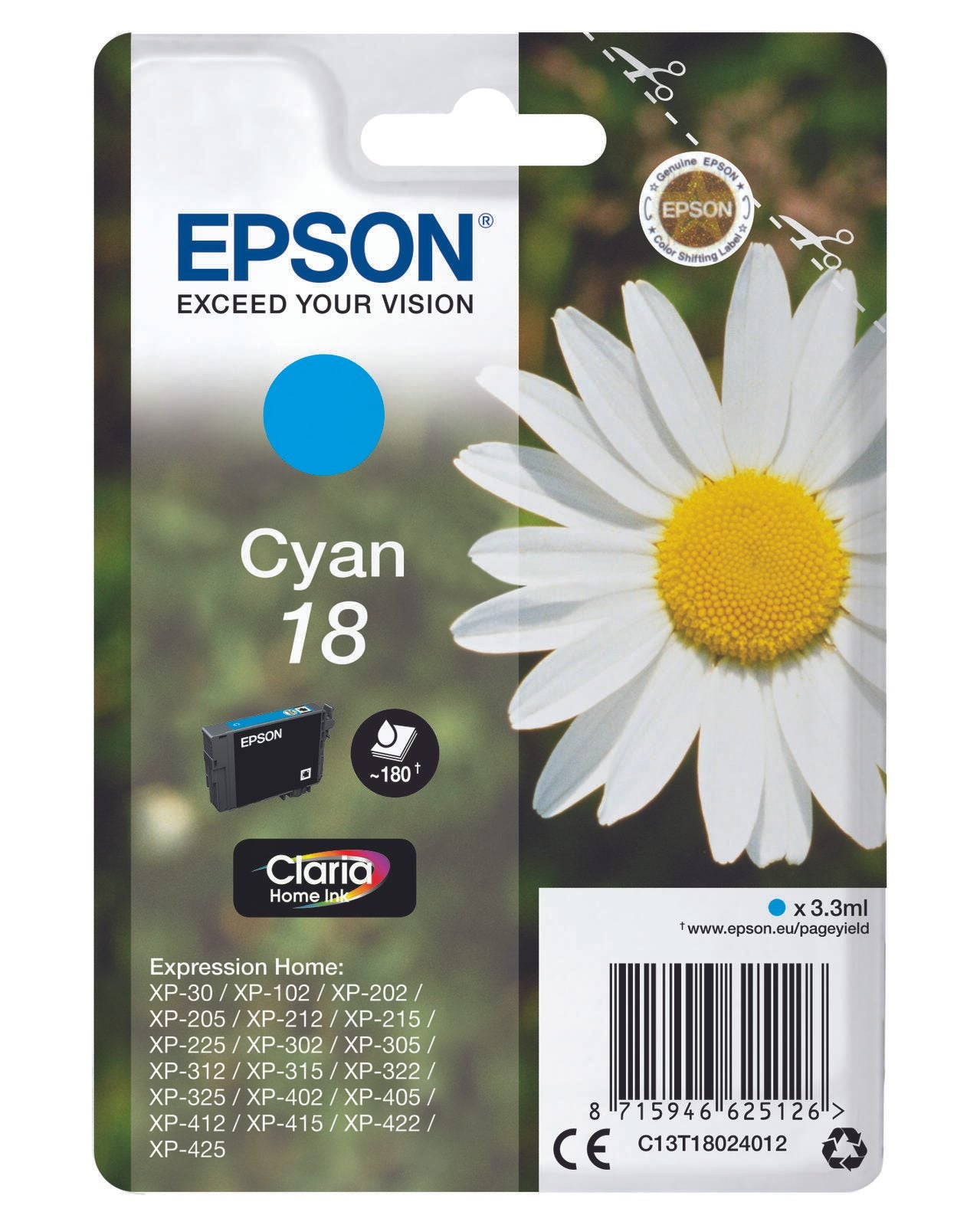 Epson Original 18 Gänseblümchen Druckerpatrone - cyan (C13T18024012)