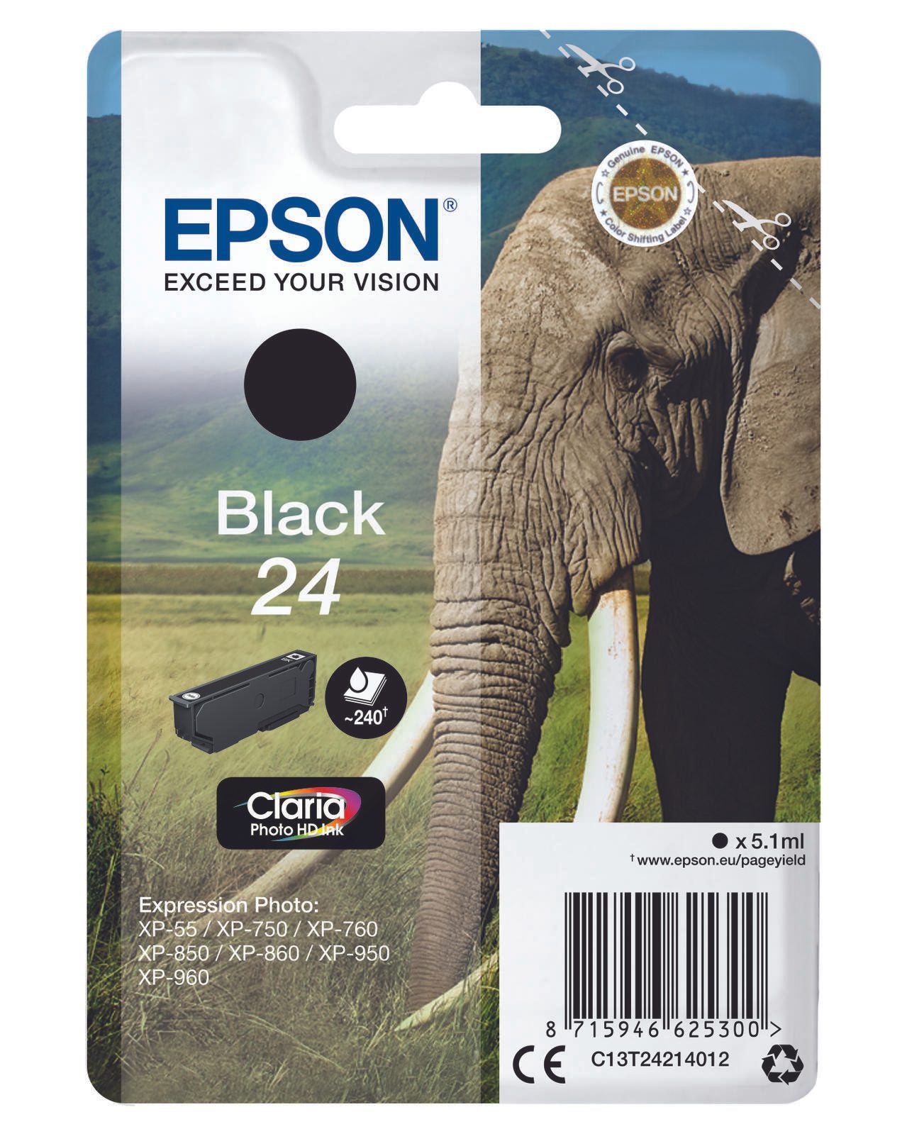Epson Original 24 Elefant Druckerpatrone schwarz 240 Seiten 5,1ml (C13T24214012)